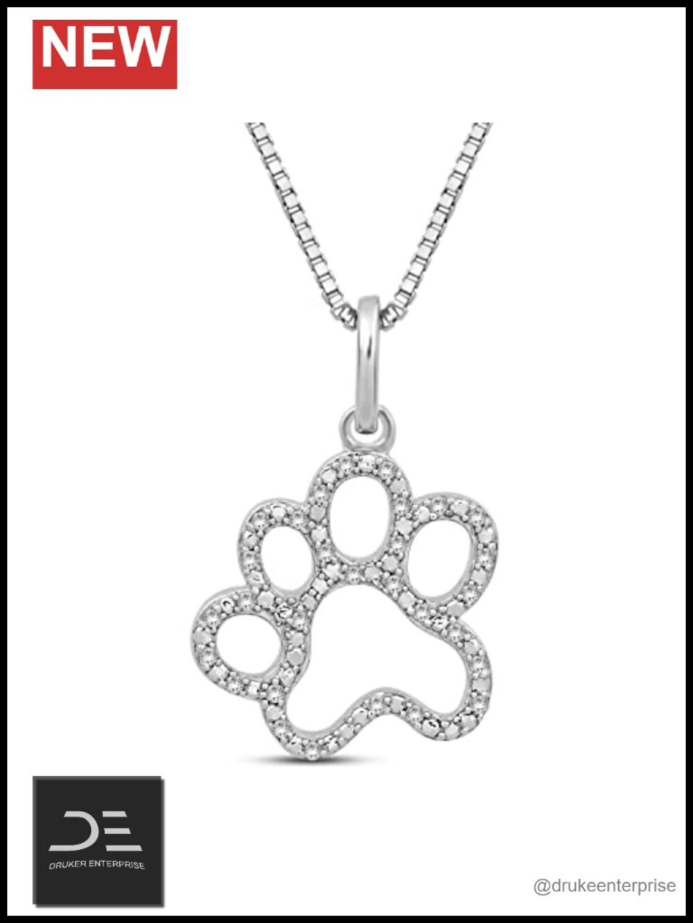 Dog Paw Pendant Necklace 925 Sterling Silver Diamond Accent 18" Chain